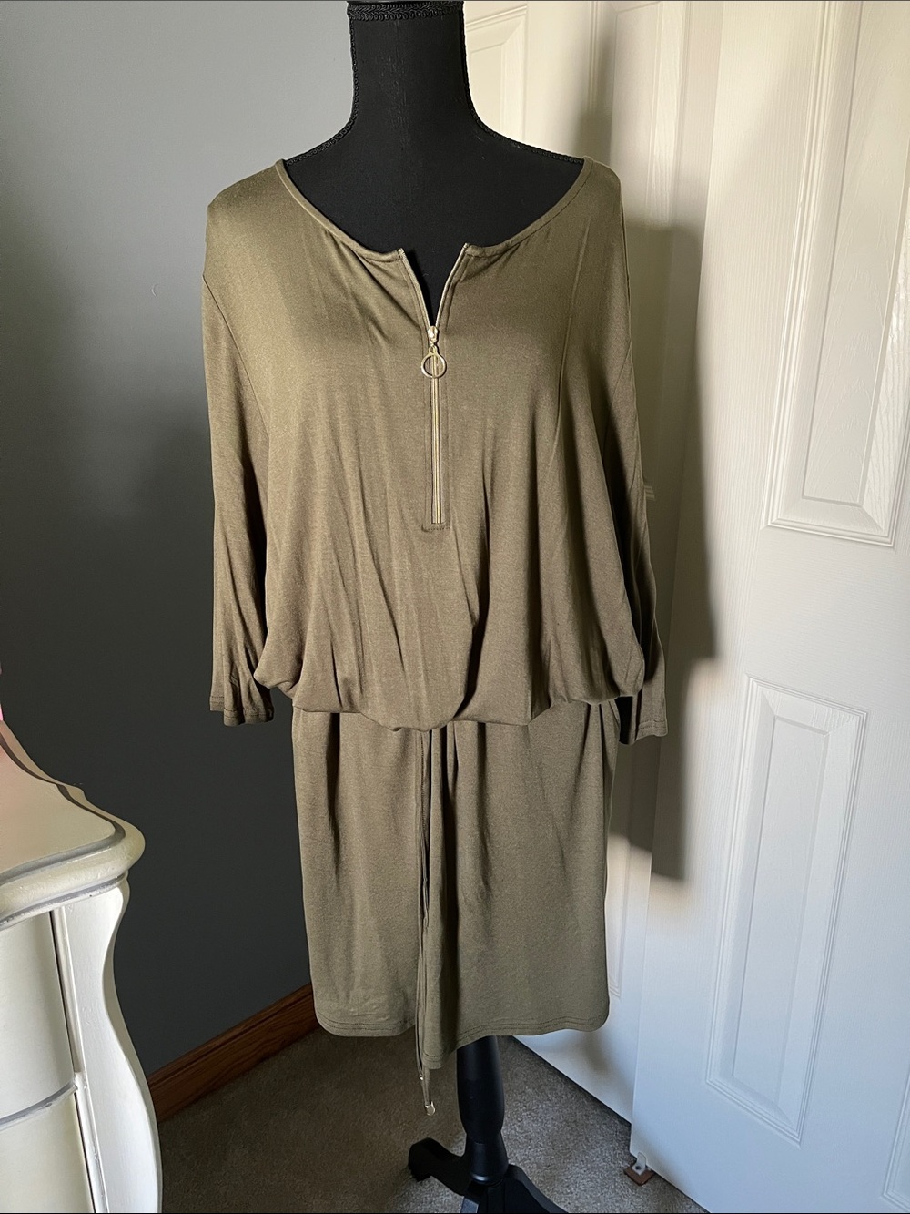 Casual Olive Zip-Front Mini Dress with Drawcord Waist